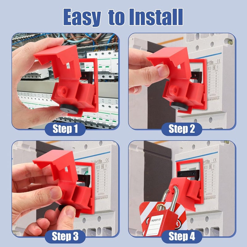 VINGVO Circuit Breaker Lockout Device 12 Pack Kit with Clamp-On Design - OSHA Compliant Single Pole Breaker Lockout Device for Loto Safety, Fits 16.5mm to 70mm Breakers (Red, Nylon) - Image 5